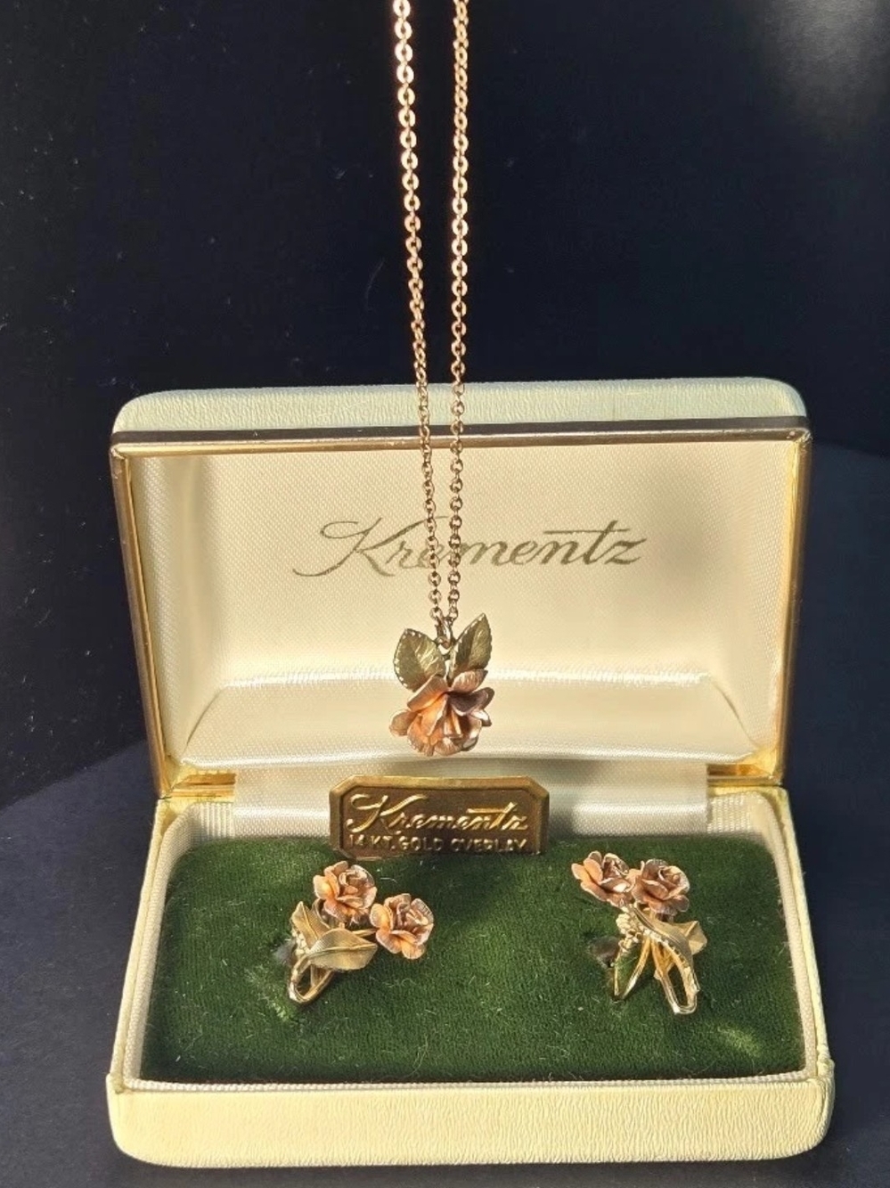Krementz Vintage Rose Jewelry Set Gold & Pink